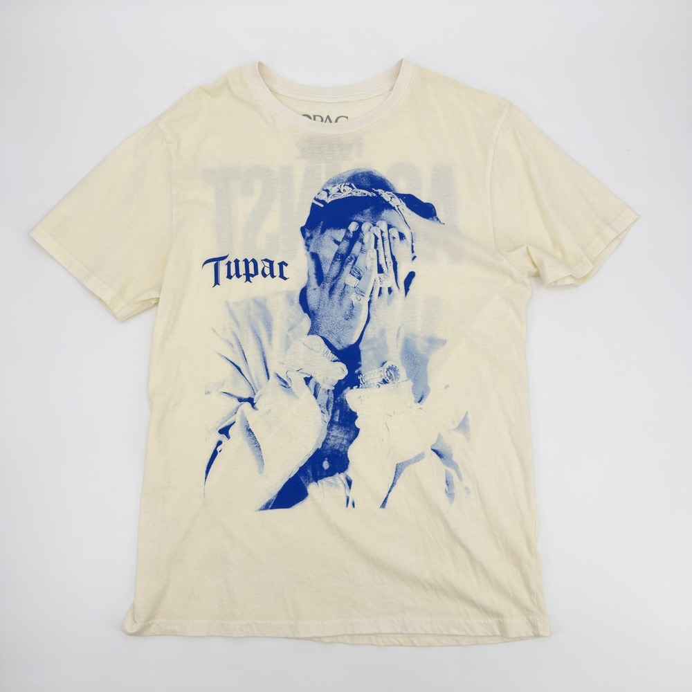 2Pac Me Against The World Graphic T-Shirt Mens Large Cream Blue 100% Cotton Tee